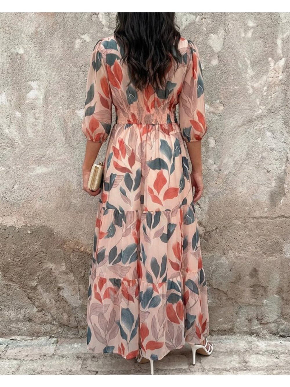 〽️Women’s Multicolor Leaf Print Boho Maxi Dress Shirred Back Tiered Ruffle - Picture 5 of 6